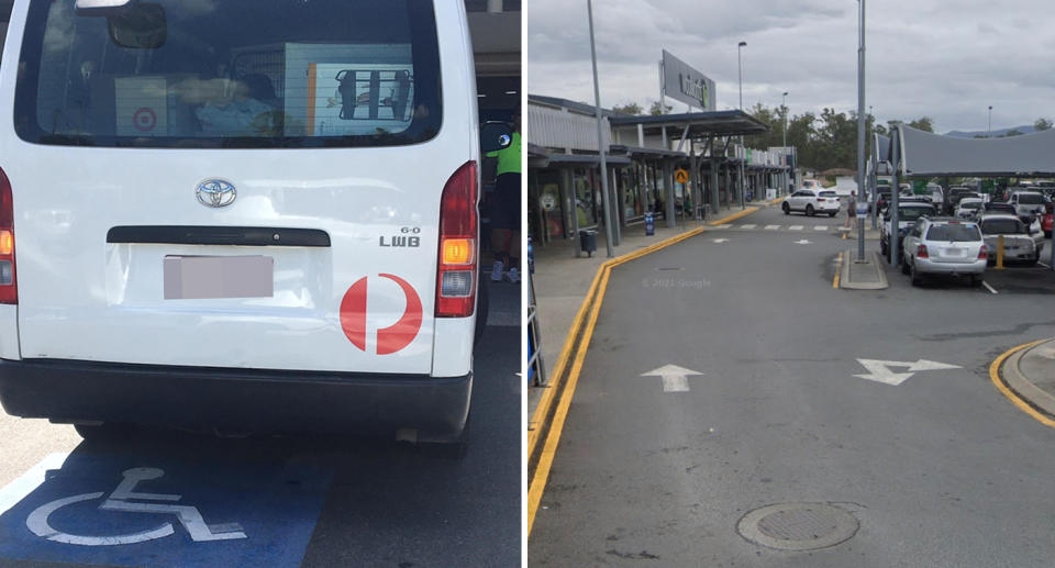 A photo of the Australia Post van parked in a disabled parking spot in the Karalee Shopping Centre carpark in Queensland. Another photo of the carpark.