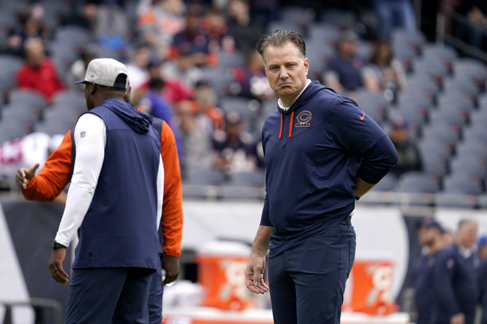 Chicago Bears coach Matt Eberflus watches players warm up before an NFL football game against the Houston Texans Sunday, Sept. 25, 2022, in Chicago. (AP Photo/Nam Y. Huh)