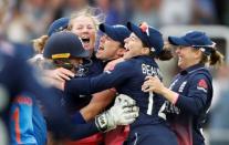 Cricket - Women's Cricket World Cup Final - England vs India - London, Britain - July 23, 2017 England's Anya Shrubsole celebrates with team mates after bowling out India's Rajeshwari Gayakwad to win the World Cup Action Images via Reuters/John Sibley