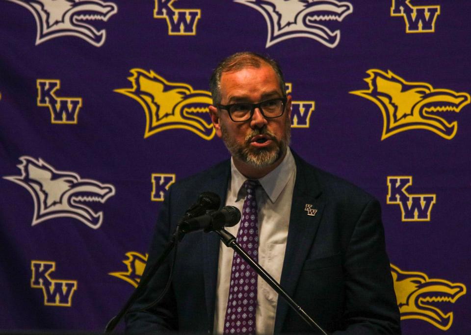 Kansas Wesleyan University president Matt Thompson speaks at an event announcing a $1.5 million gift to the Community Resilience Hub.