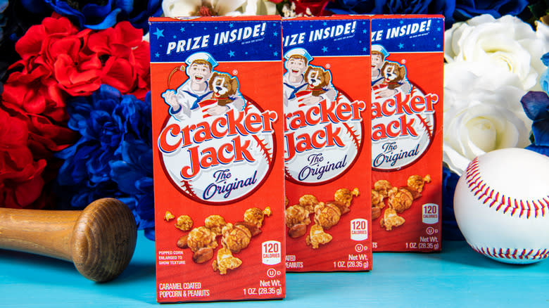 Boxes of Cracker Jack with baseball paraphenelia