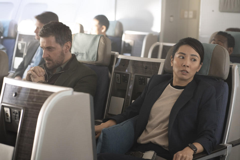 Richard Amritage and Jing Lusi on the plane in Red Eye (ITV)