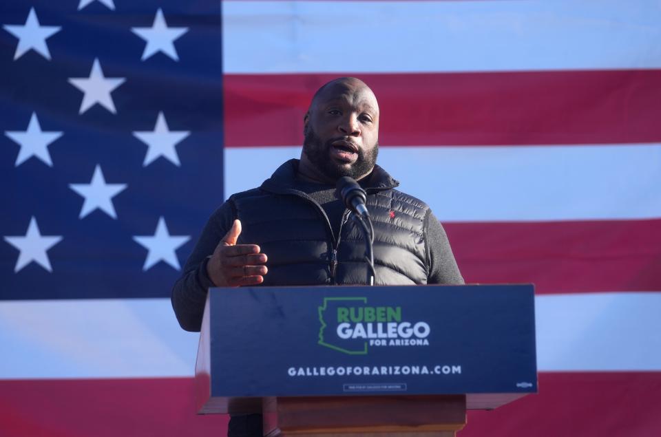 Roy Tatem speaks during a public rally for Rep. Ruben Gallego at Grant Park in Phoenix on Saturday, Jan. 28, 2023, kicking off Gallego’s U.S. Senate campaign. 