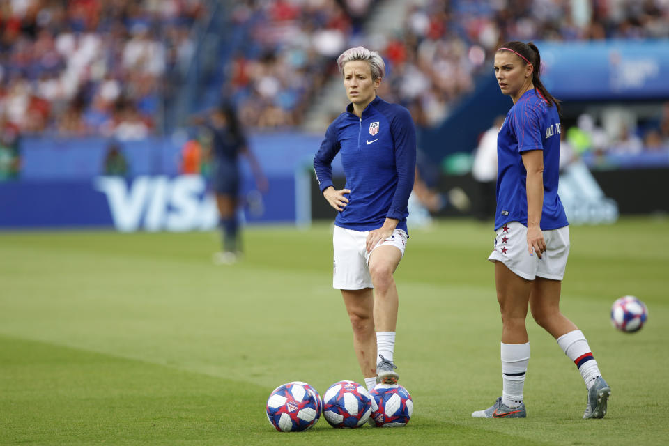 Megan Rapinoe and Alex Morgan of United States during the 2019 FIFA Women's World Cup France Quarter Final match between France and USA at Parc des Princes on June 28, 2019 in Paris, France.  (Photo by Mehdi Taamallah / Nurphoto) (Photo by Mehdi Taamallah/NurPhoto via Getty Images)