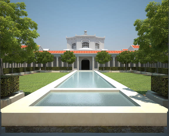 The Piazza D'Oro's garden courtyard view as it's been digitally restored for the project.