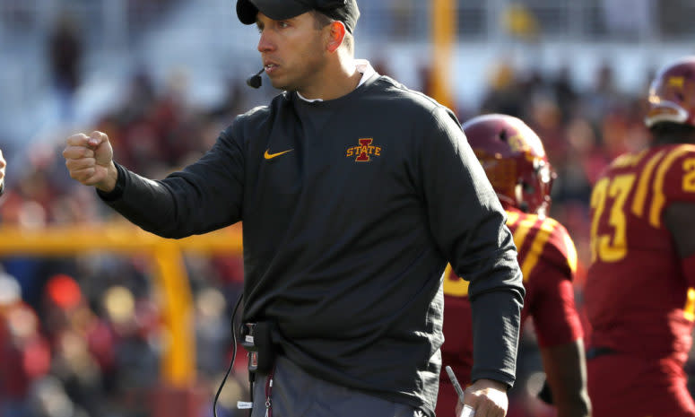 Head coach Matt Campbell of the Iowa State Cyclones coaches from the sidelines in the first half of play at Jack Trice Stadium.