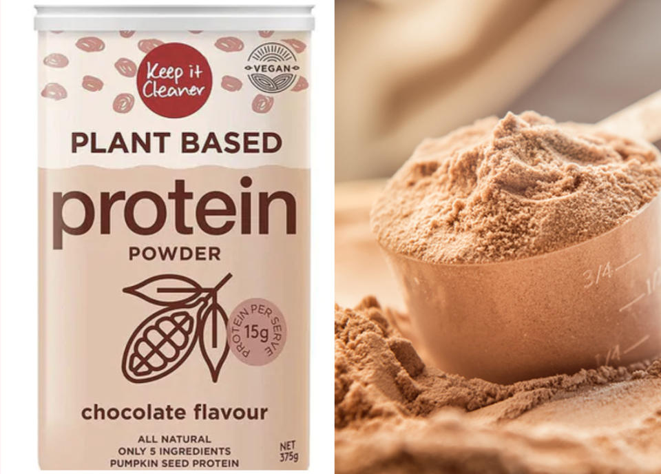 Keep it Cleaner Plant Based Protein Powder in chocolate flavour is pictured alongside a scoop of protein.