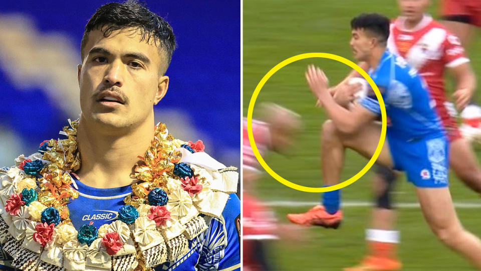 This image on the right shows Samoa's Joseph Suaalii leading with his knees into a tackle from Tonga forward, Felise Kaufusi.