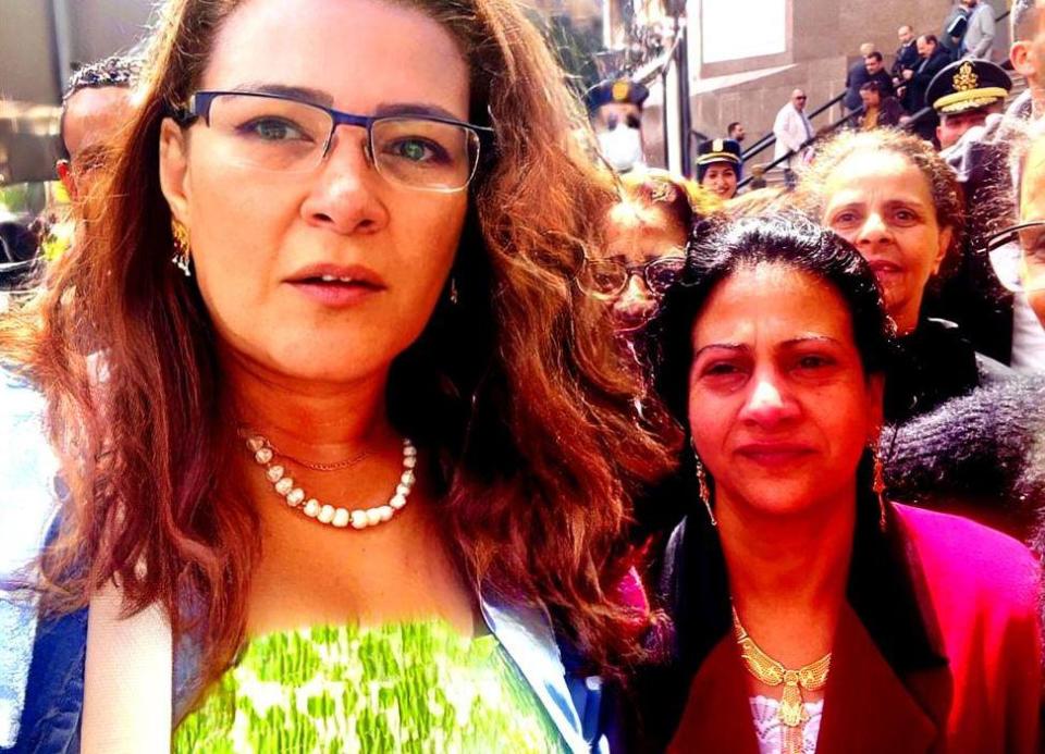 Egyptian writer and poet Fatima Naoot, left, is seen outside a Cairo court with Amal Ibrahim. / Credit: Photo courtesy of Fatima Naoot