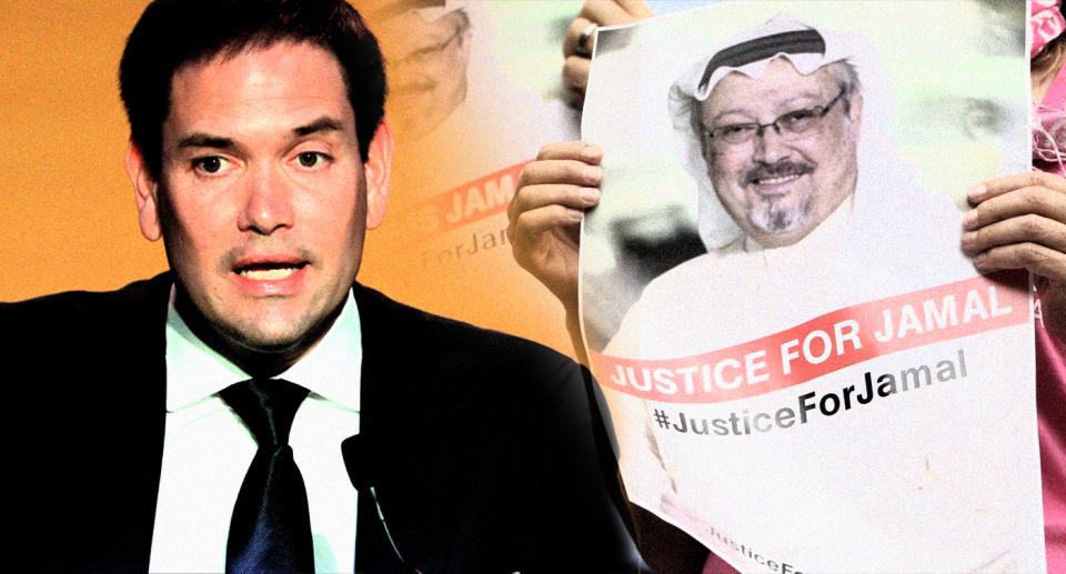 Sen. Marco Rubio and Jamal Khashoggi demonstrators in Turkey. (Photo illustration: Yahoo News; photos: Marcos Brindicci/Reuters, Umar Farooq/Anadolu Agency/Getty Images)