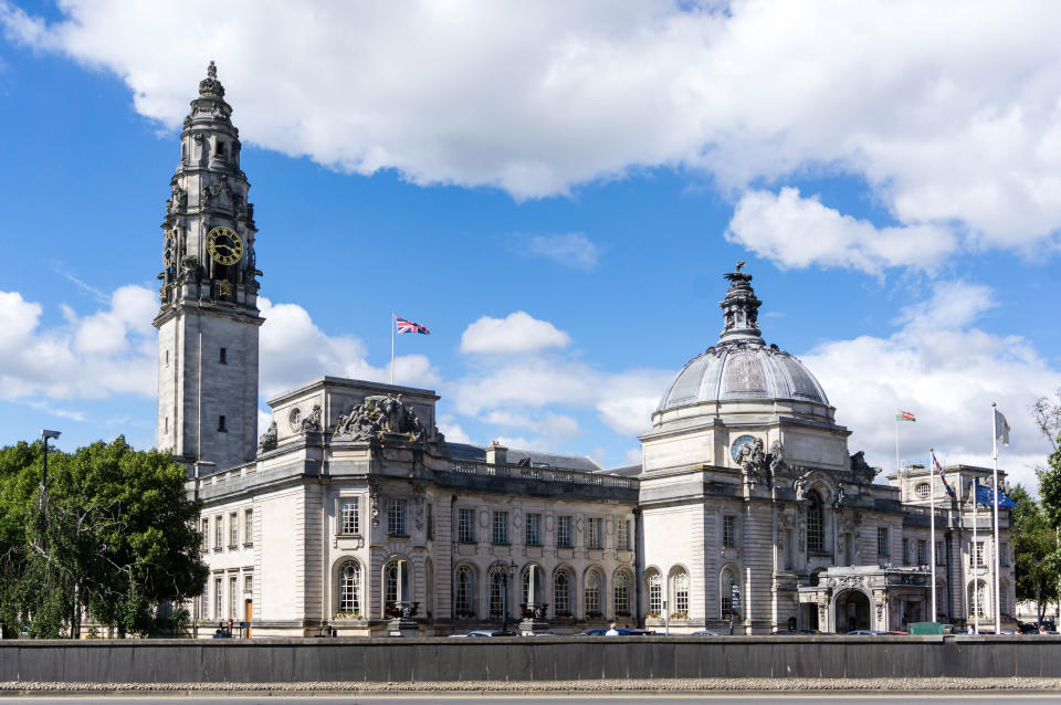 Town Hall in Cardiff Wales at blue sky