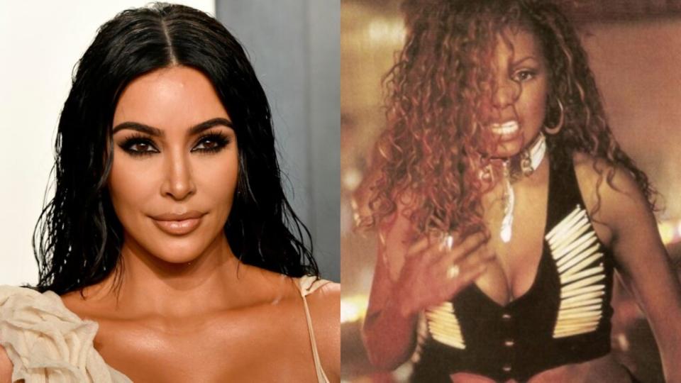 Kim Kardashian (left) purchased the outfit singer Janet Jackson wore in the video (right) for her 1993 single, “If,” in an auction for charity. (Photo by Frazer Harrison/Getty Images)