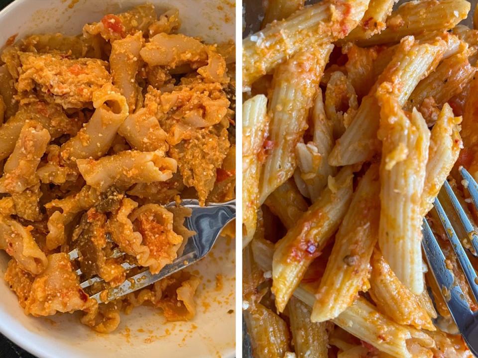 Side by side images of cottage cheese pasta