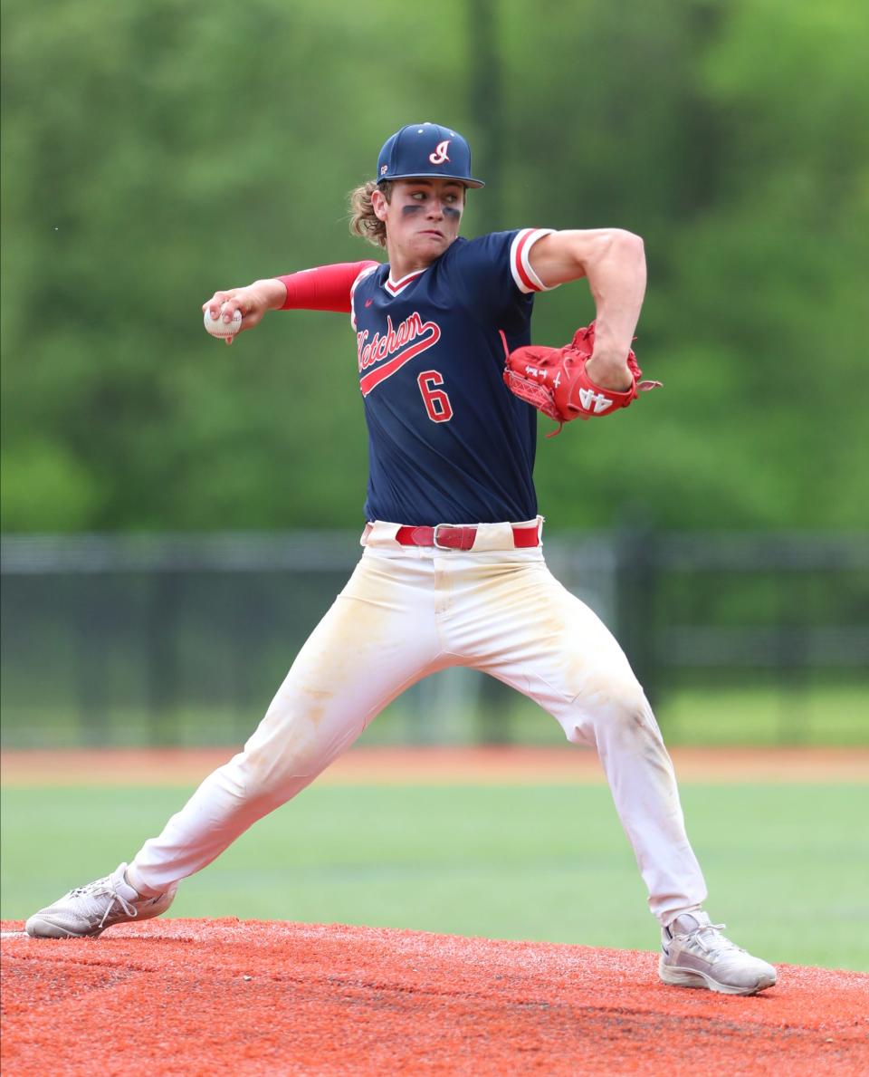 Ketchem pitcher Owen Paino (6) delivers a pitch during their 5-3 win over Arlington in the Class AA baseball championship game at Purchase College in Purchase, on Saturday, May 28, 2022.