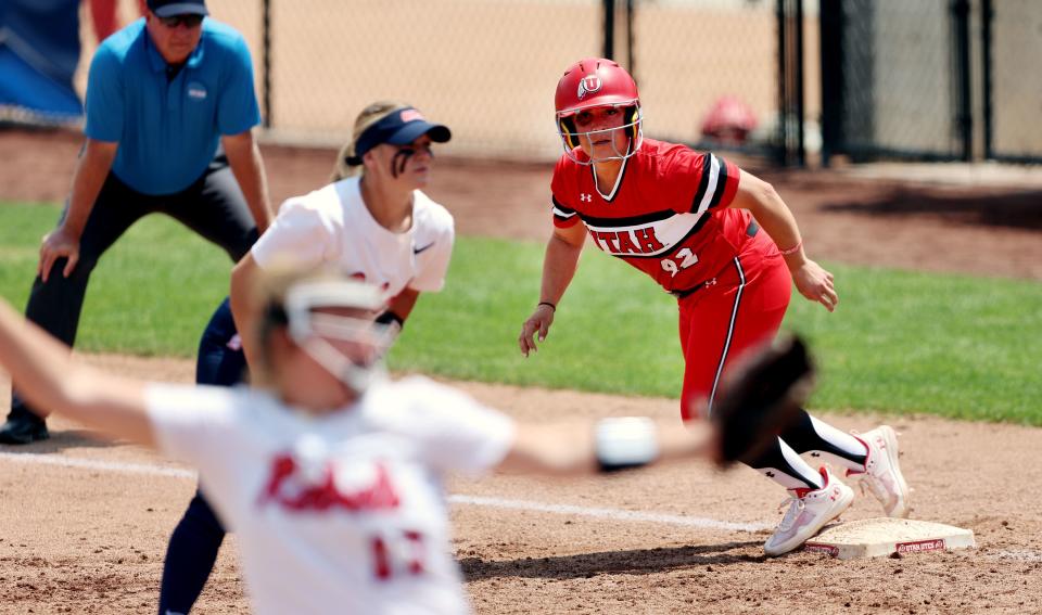 Utah’s Julia Jimenez, begins her step away from the base as the University of Utah softball team plays Ole Miss in NCAA softball regional championship at Utah in Salt Lake City on Sunday, May 21, 2023. Utah won 4-1. | Scott G Winterton, Deseret News