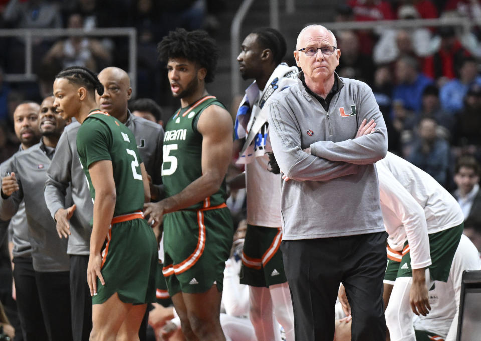 Miami head coach Jim Larranaga watches his players against Miami during the first half of a second-round college basketball game in the NCAA Tournament Sunday, March 19, 2023, in Albany, N.Y. (AP Photo/Hans Pennink)