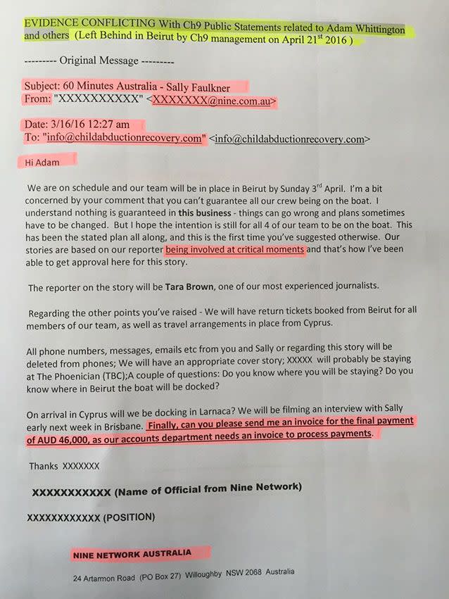 An email from a Channel Nine staff member detailing demands to give the 60 Minutes crew access at 'critical moments' of the child abduction operation. Source: Supplied