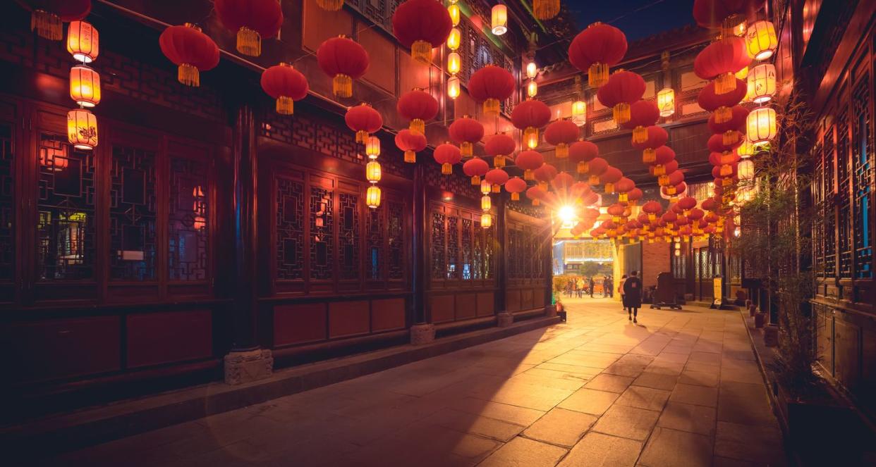 the traditional red lantern in a street of chengdu in sichuan during a chinese new year china