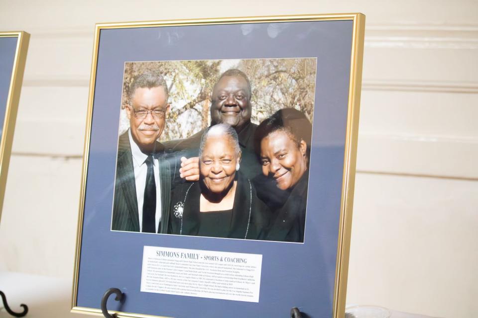 A framed photo of the Simmons Family who had three of its members, Rene'e, Jeff, and Kevin Simmons, inducted into the Stockton Athletic Hall of Fame on Wednesday Nov. 15, 2023.