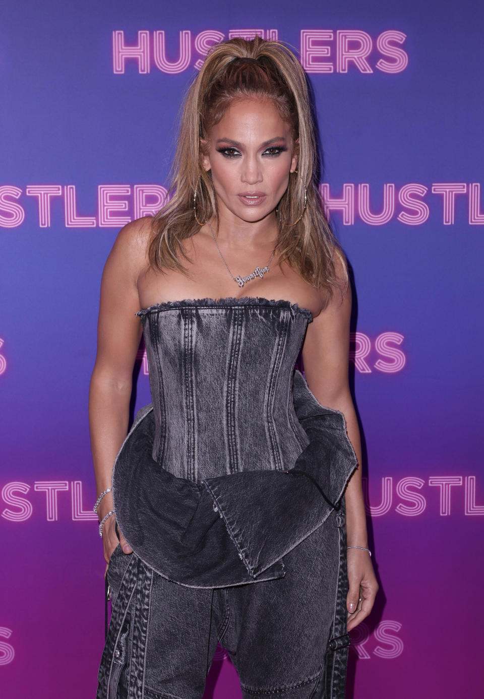 JLo in a strapless denim outfit