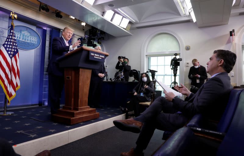 President Donald Trump leads the coronavirus response daily briefing in Washington