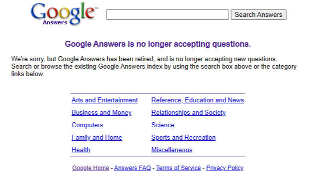  The landing page of Google Answers. 