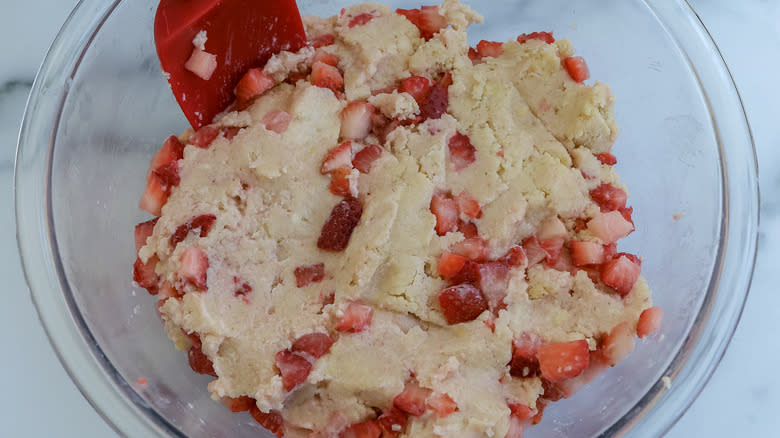 strawberry shortcake crumble cookie dough in a bowl