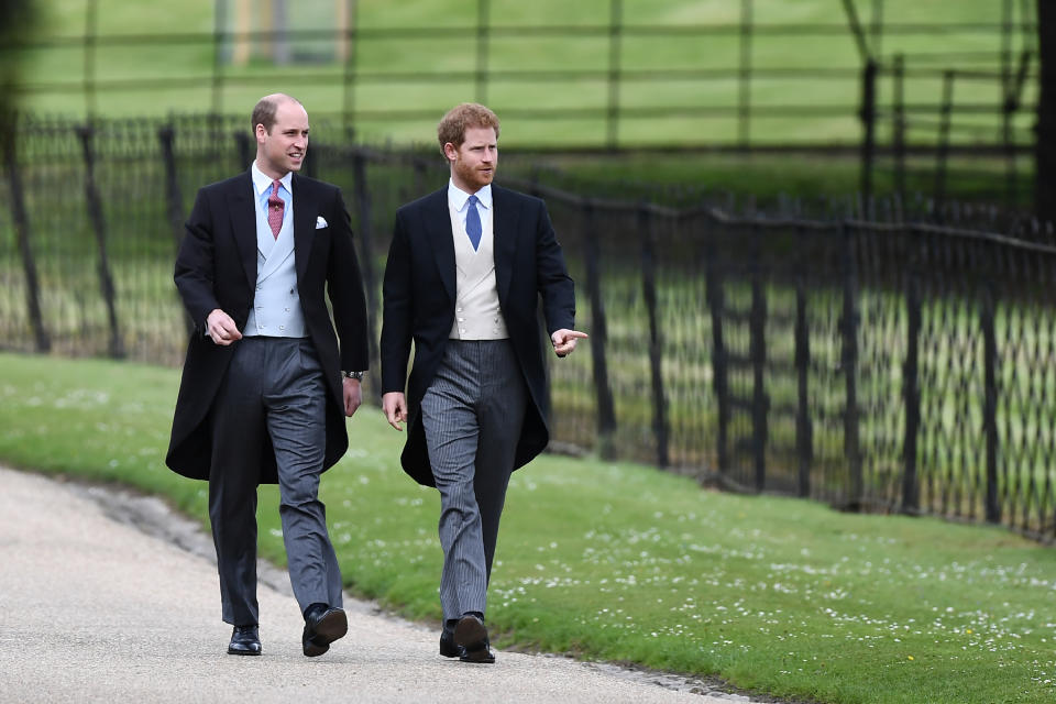 Britain's Prince Harry (R) and Britain's Prince William, Duke of Cambridge attend the wedding of Pippa Middleton and James Matthews at St Mark's Church on May 20, 2017 in Englefield Green, England.