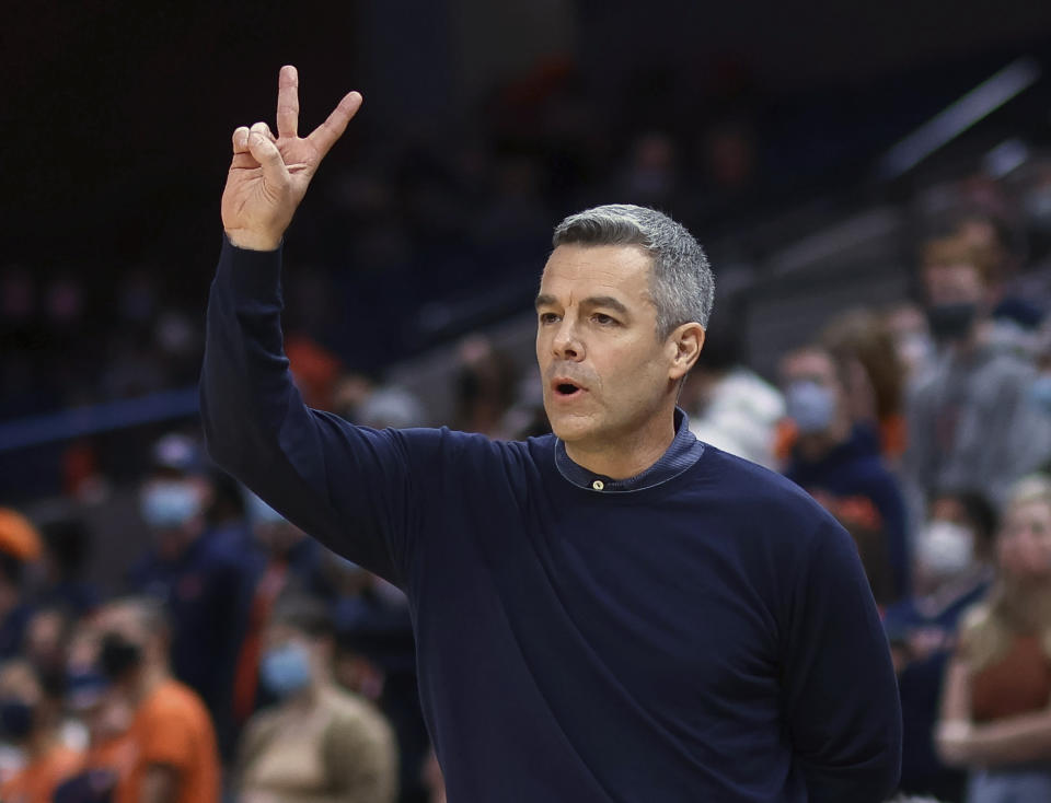 FILE - Virginia coach Tony Bennett calls a play during the team's NCAA college basketball game against Lehigh on Nov. 26, 2021, in Charlottesville, Va. Virginia begins the new season with expectations as Bennett returns all five starters and several newcomers who had an opportunity to blend with their new teammates during a 10-day trip to Italy this summer. (AP Photo/Andrew Shurtleff, File)
