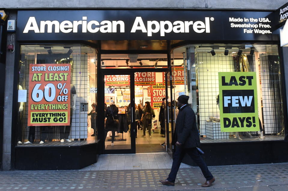 A general view of an American Apparel store, as the US fashion chain are closing 12 UK stores leaving 147 employees redundant. (Photo by Victoria Jones/PA Images via Getty Images)