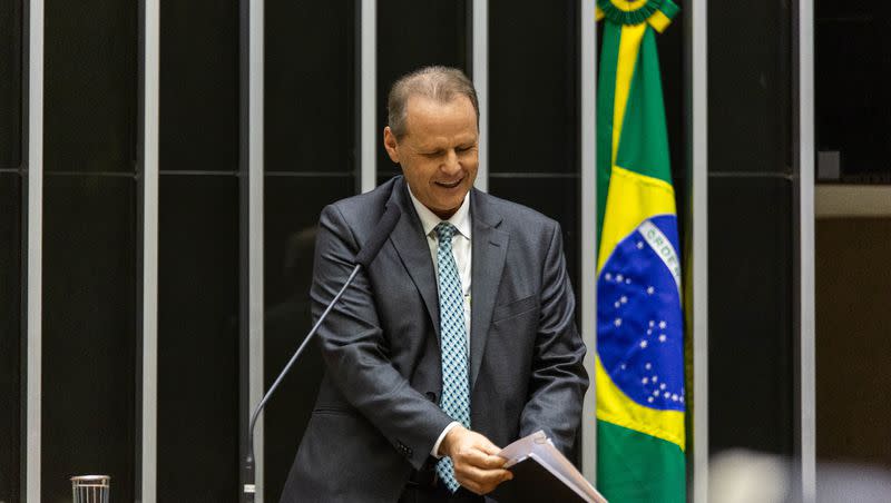 Elder Joni Luiz Koch speaks during the special session in the Chamber of Deputies in Brasília, Brazil, on Thursday, Aug. 10, 2023.