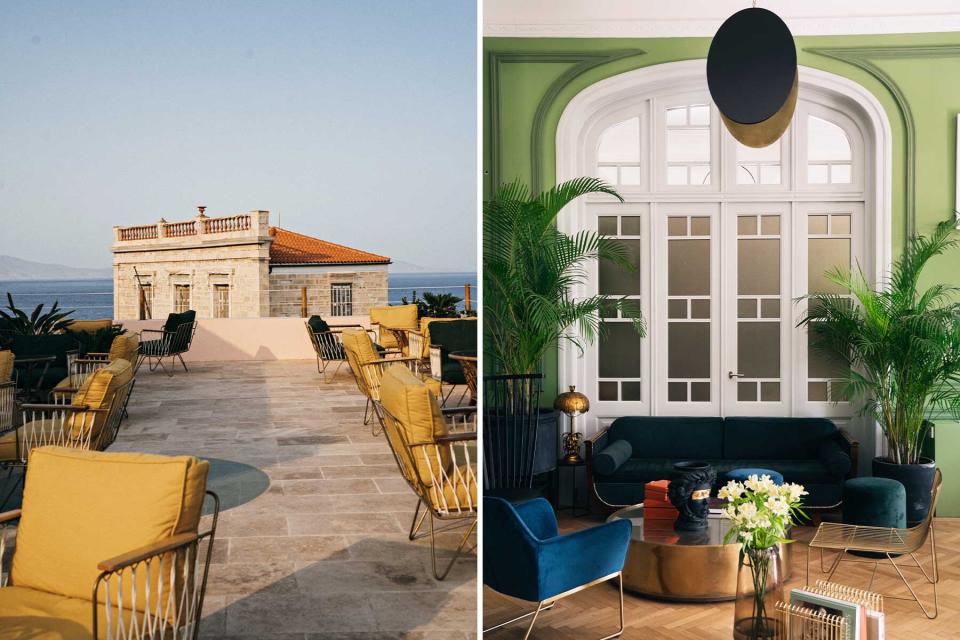 Two photos from the Aristide Hotel in Greece, including the terrace, and a lobby seating area