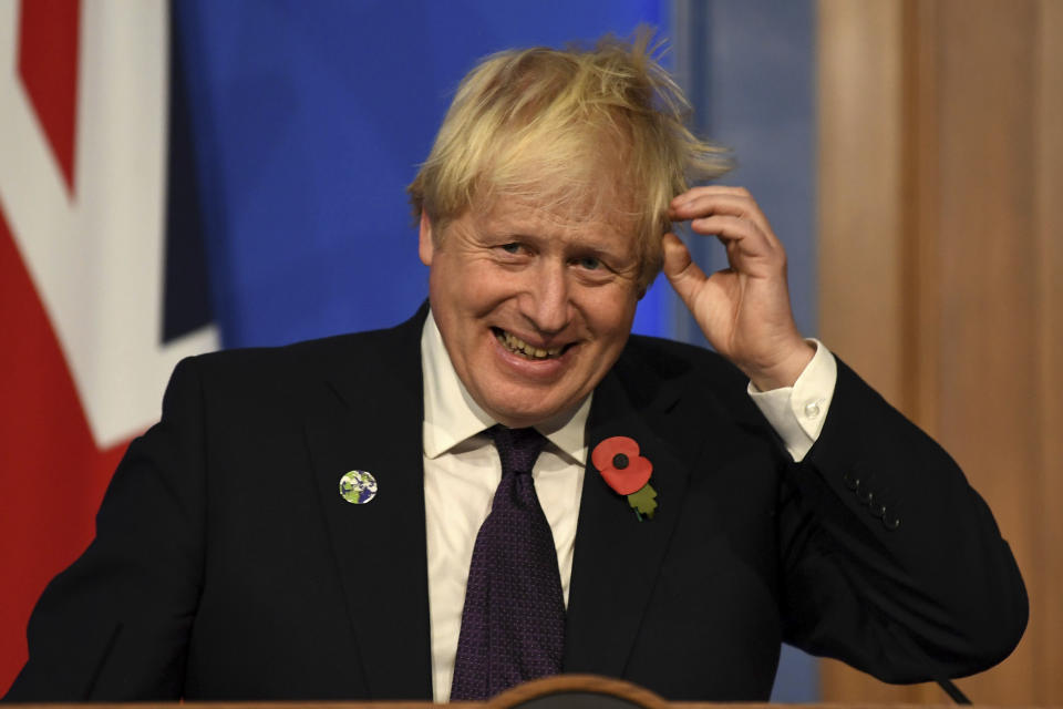 Britain's Prime Minister Boris Johnson during a press conference in Downing Street, London, Sunday, Nov. 14, 2021 about the Cop26 climate summit. (Daniel Leal/Pool photo via AP)