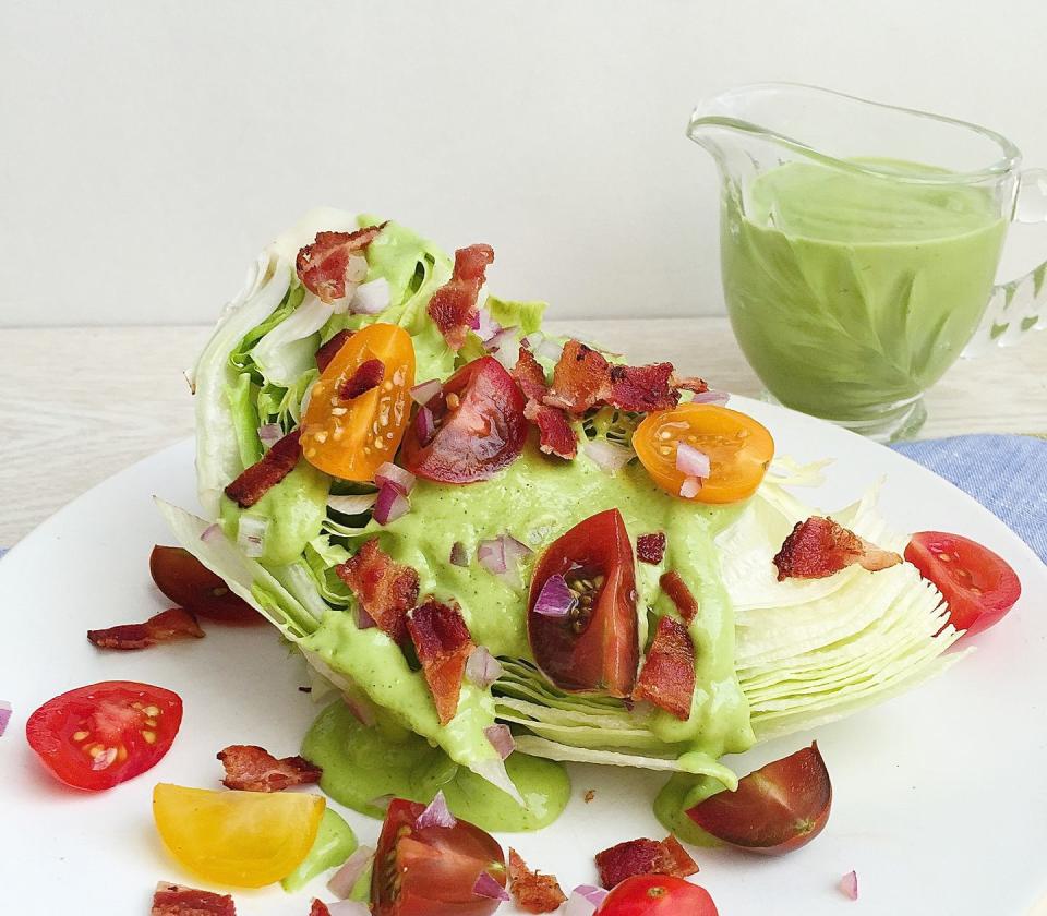 Wedge Salad with Tomato, Bacon, and Avocado Green Goddess Dressing