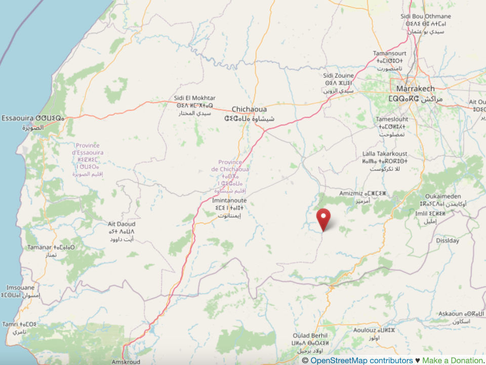 The earthquake struck about 75km southwest of Marrakech. <a href="https://www.openstreetmap.org/search?query=31.075529%2C%20-8.417974#map=9/31.2797/-8.7616" rel="nofollow noopener" target="_blank" data-ylk="slk:OpenStreetMap/screenshot;elm:context_link;itc:0;sec:content-canvas" class="link ">OpenStreetMap/screenshot</a>