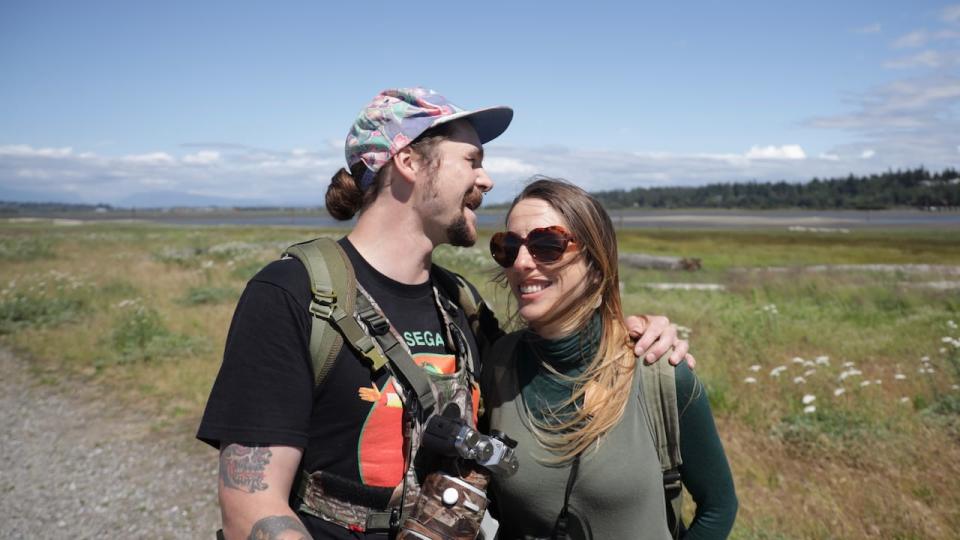 Alex Leeder, left, and Destiny Greig enjoy birding at Blackie Spit.