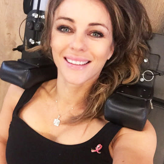 Actress Elizabeth Hurley, global ambassador for The Estée Lauder Companies’ Breast Cancer Awareness campaign: “On #WorldCancerDay I’m thinking of all the family & friends that I’ve lost to cancer and those who are battling this disease today. I vow to continue supporting @BCAcampaign and do everything I can to raise money & awareness for breast cancer. This morning I went to my health club @gracebelgravia and handed out pink ribbons. Keeping ourselves fit & healthy is important in the fight against cancer. I vow this year to take as much exercise as I can, eat healthily and encourage everyone else to do the same #BCAcampaign #Ambassador” -@elizabethhurley1 (Photo: Instagram)