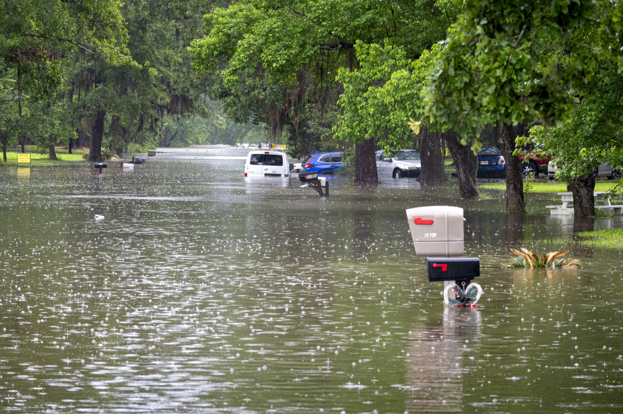 Cars and the tops of mailboxes submerged in water. (Kirk Sides / Houston Chronicle via Getty Images)