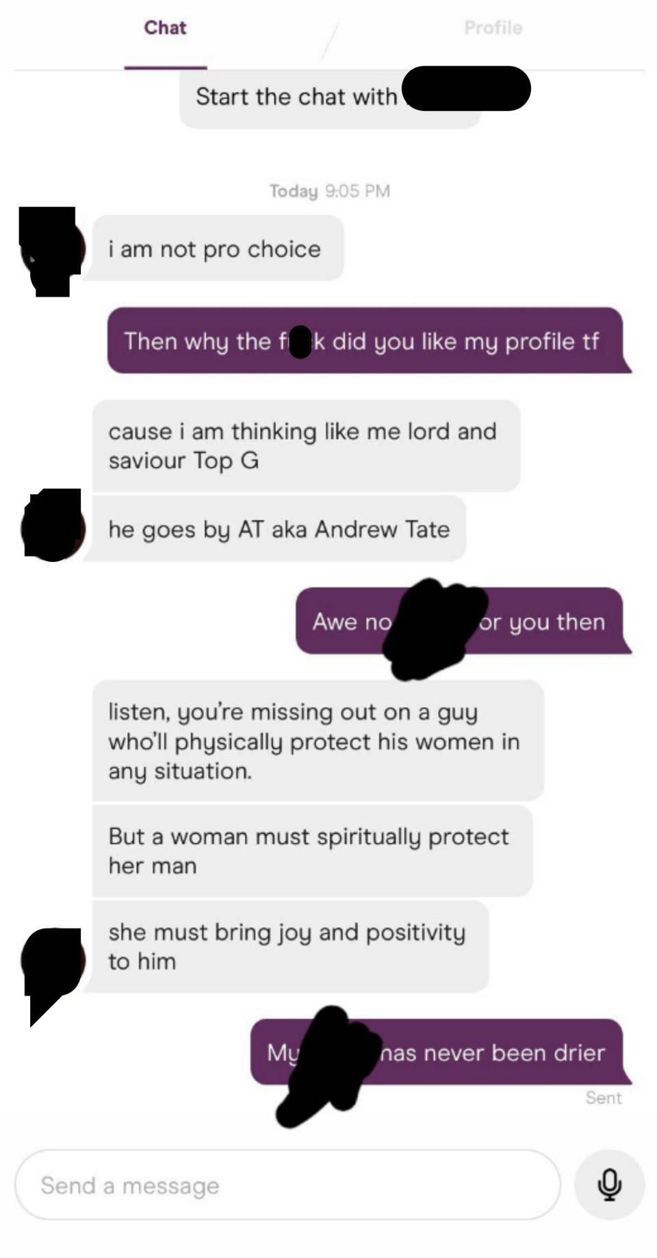 A man opens conversation by saying he's not pro-choice, then goes on to say he follows Andrew Tate and that he can physically protect women but they must spiritually protect him
