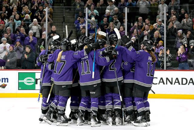 <p>Nick Wosika/Icon Sportswire via Getty </p> Team Minnesota celebrates their win over Team Montreal on Jan. 2, 2024