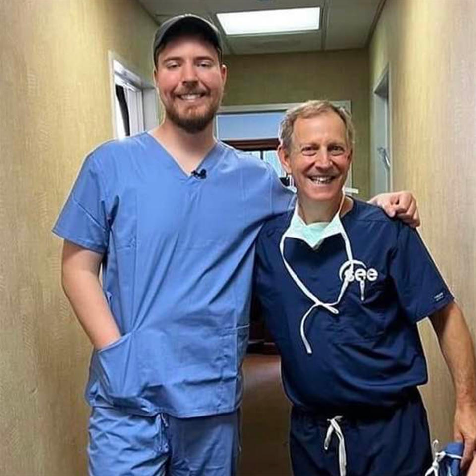  Jimmy Donaldson, known as MrBeast on YouTube, left, enlisted the help of Dr. Jeffrey Levenson, an ophthalmologist in Jacksonville, Florida, for the project. (Courtesy Dr. Jeffrey Levenson)