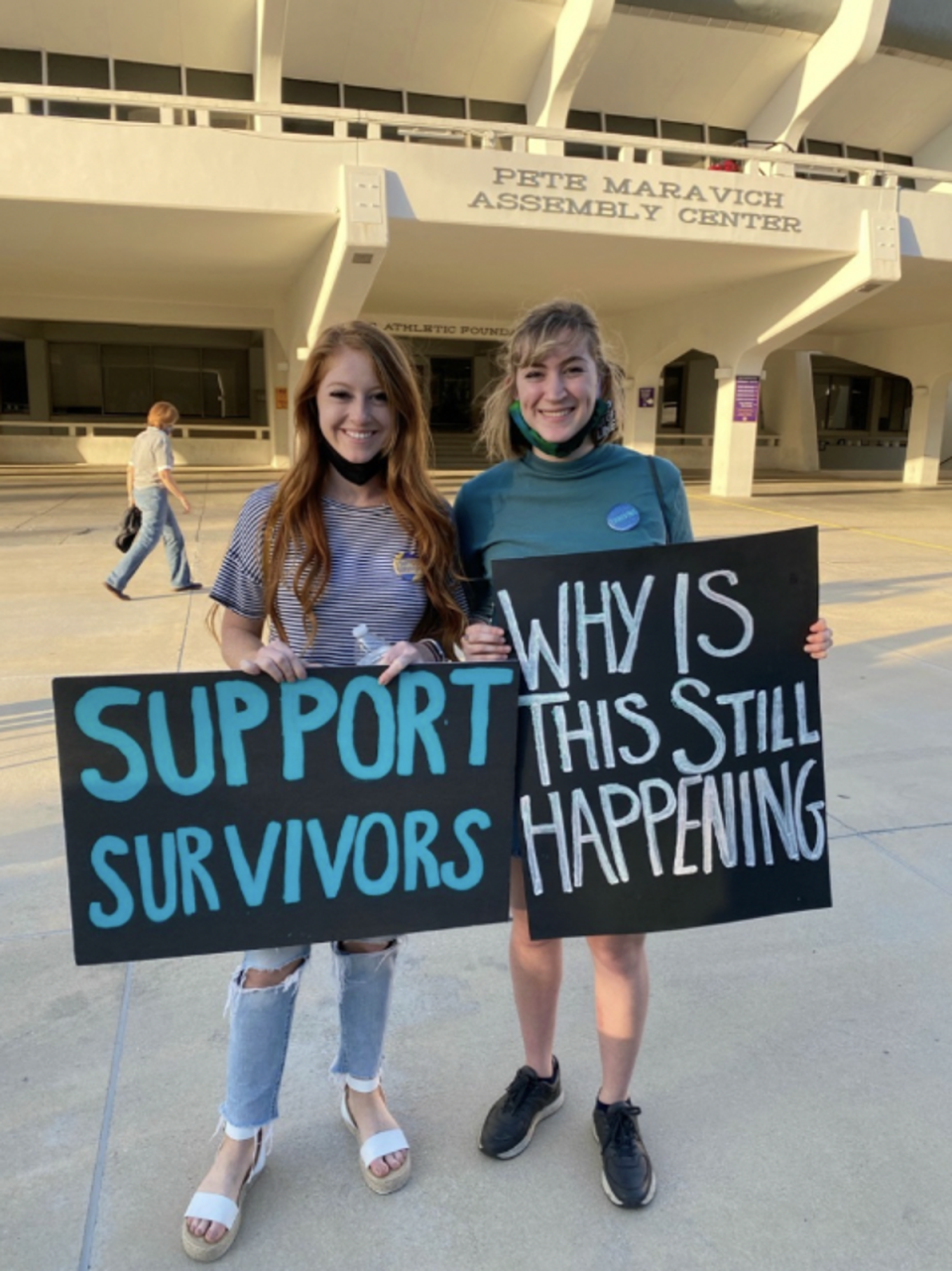 Samantha Brennan and Elisabeth Andries during a protest at LSU in November 2020 (Samantha Brennan)