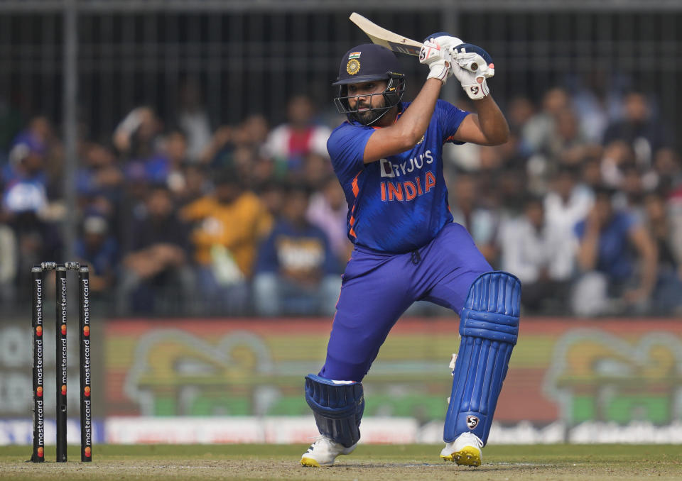 India's captain Rohit Sharma plays a shot during the third one-day international cricket match between India and New Zealand in Indore, India, Tuesday, Jan. 24, 2023. (AP Photo/Rajanish Kakade)
