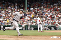 BOSTON, MA - JULY 7: Jayson Nix #17 of the New York Yankees rounds the bases after his home run off of Franklin Morales #46 of the Boston Red Sox (R) during the fourth inning of game one of a doubleheader at Fenway Park on July 7, 2012 in Boston, Massachusetts. (Photo by Winslow Townson/Getty Images)