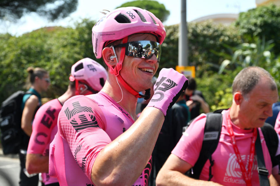 GRUISSAN FRANCE  JUNE 15 Stage winner Marijn van den Berg of The Netherlands and Team EF EducationEasyPost reacts after the 47th La Route DOccitanieLa Depeche Du Midi 2023 Stage 1 a 1843km stage from Narbonne to Gruissan on June 15 2023 in Gruissan France Photo by Luc ClaessenGetty Images