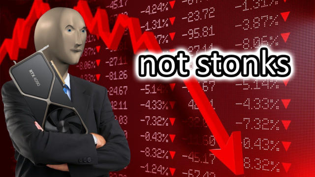 The &#39;Not Stonks&#39; meme man standing in front of a declining line graph with an RTX 4090 graphics card in his crossed arms.