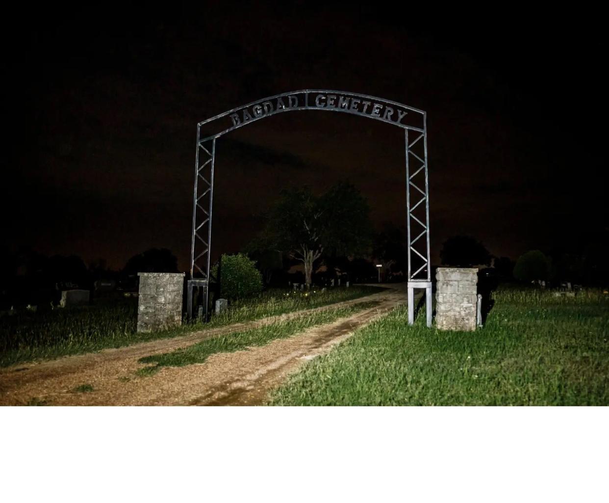 The Bagdad Cemetery in Leander, Texas is seen at night on Oct. 28, 2023. The cemetery once served as a filming location for the 1974 horror film "Texas Chainsaw Massacre."