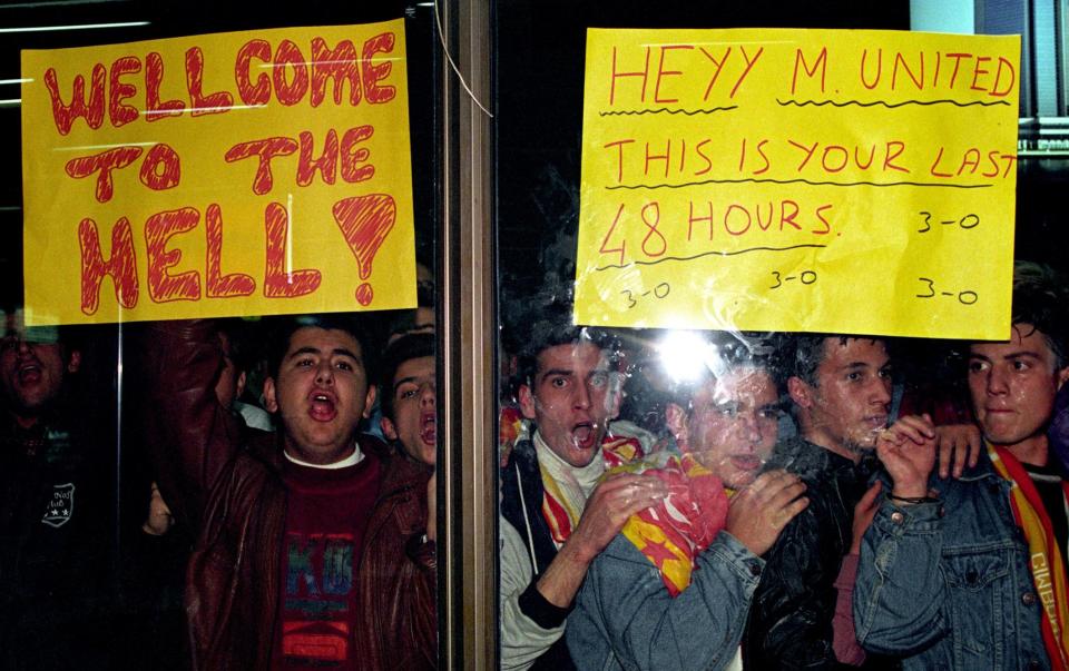 Turkish fans unfurled their infamous banners to welcome Manchester United to Istanbul Ataturk Airport - 'Welcome to Hell' 30 years later: When Man Utd captured Galatasaray and Turkish police