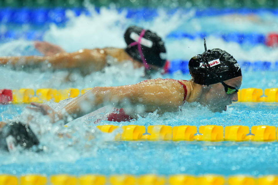 Summer McIntosh of Canada competes during the women's 400m individual medley at the 19th FINA World Championships in Budapest, Hungary, Saturday, June 25, 2022. (AP Photo/Petr David Josek)