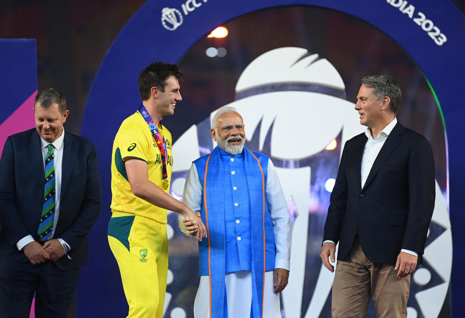 Pat Cummins, pictured here with Narendra Modi and Richard Marles after the World Cup final.